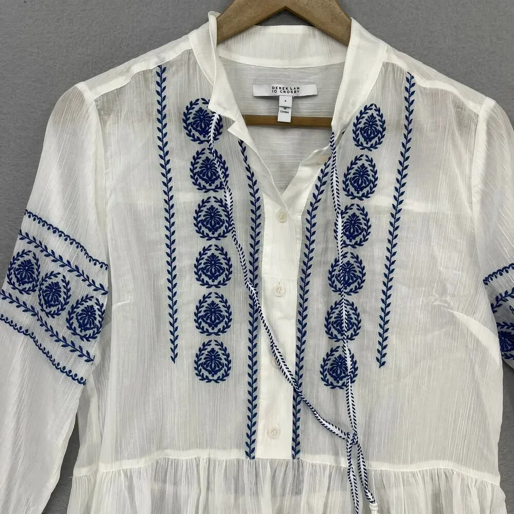 Derek Lam 10 Crosby Blouse Sz 4 White Blue Ailani Embroidered Sheer Coastal Chic - Picture 3 of 9